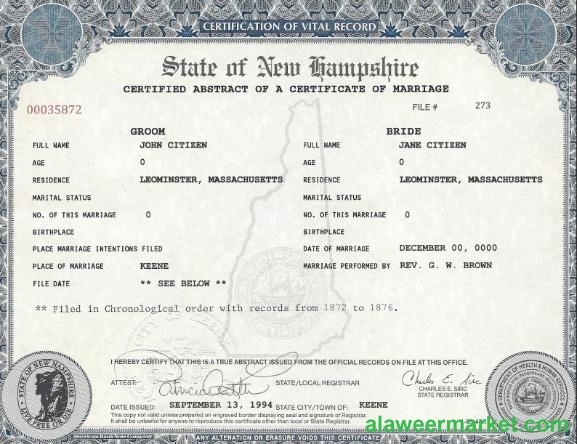 USA New Hampshire marriage cert